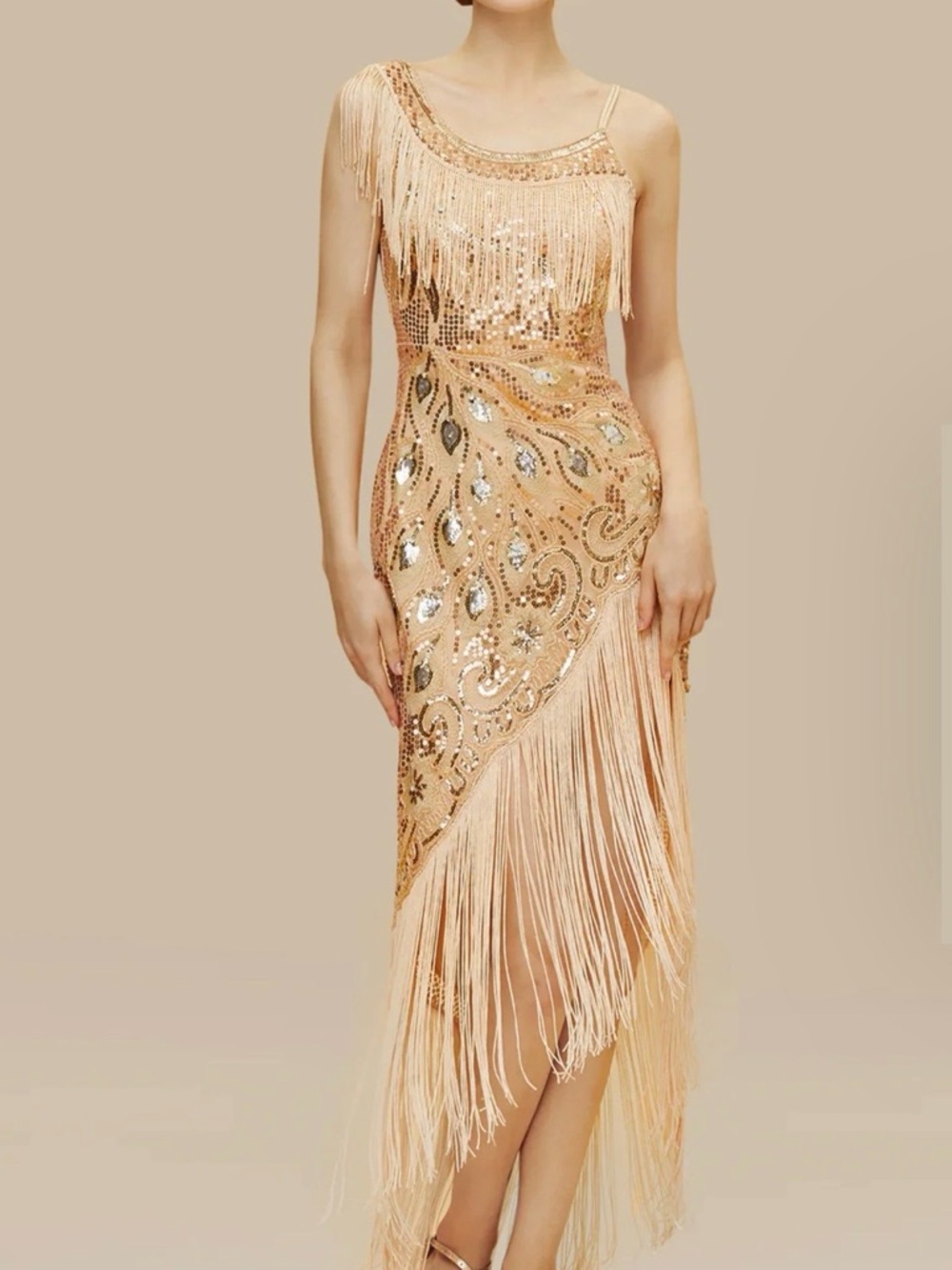 One-Shoulder Peach Fringe Sequin Evening Dress
